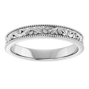 14K White 3.2 mm Milgrain Edge Floral Flat Band Size 7
