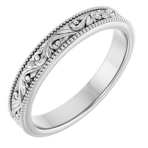 14K White 3.2 mm Milgrain Edge Floral Flat Band Size 7