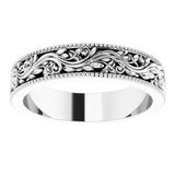 14K White 4 mm Milgrain Edge Floral Flat Band Size 4