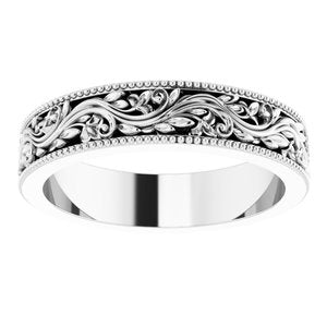 14K White 4 mm Milgrain Edge Floral Flat Band Size 4