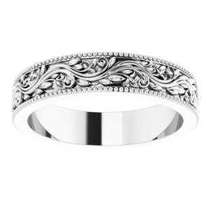 Platinum 4 mm Milgrain Edge Floral Flat Band Size 4.5