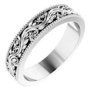 14K White 4 mm Milgrain Edge Floral Flat Band Size 4