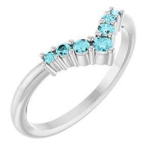 14K White Natural Blue Zircon Graduated V Ring