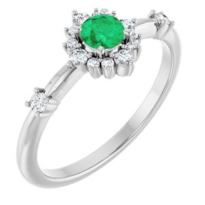 14K White Lab-Grown Emerald & 1/6 CTW Natural Diamond Halo-Style Ring