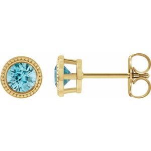 14K Yellow 3 mm Natural Blue Zircon Beaded Bezel-Set Earrings
