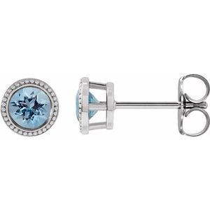 Sterling Silver 3 mm Natural Aquamarine Beaded Bezel-Set Earrings