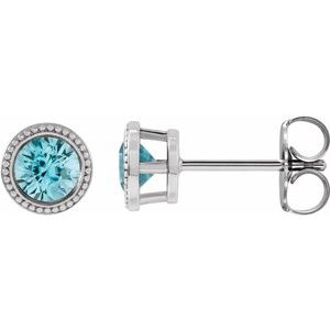Sterling Silver 3 mm Natural Blue Zircon Beaded Bezel-Set Earrings