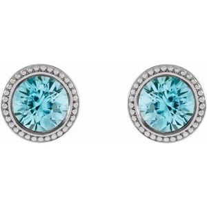 Sterling Silver 3 mm Natural Blue Zircon Beaded Bezel-Set Earrings