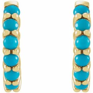14K Yellow Natural Turquoise Cabochon Hinged 12.2 mm Hoop Earrings