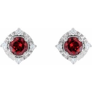 Sterling Silver Natural Mozambique Garnet & .08 CTW Natural Diamond Halo-Style Earrings