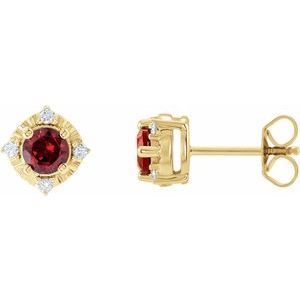 14K Yellow Natural Mozambique Garnet & .08 CTW Natural Diamond Halo-Style Earrings