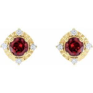 14K Yellow Natural Mozambique Garnet & .08 CTW Natural Diamond Halo-Style Earrings