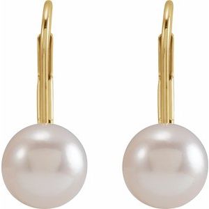 14K Yellow Cultured White Akoya Pearl Lever Back Earrings