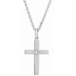 14K White .0075 CT Natural Diamond Cross 18" Necklace