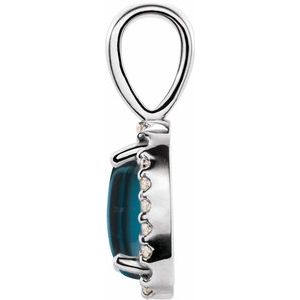 14K White Natural London Blue Topaz & .04 CTW Natural Diamond Halo-Style Pendant