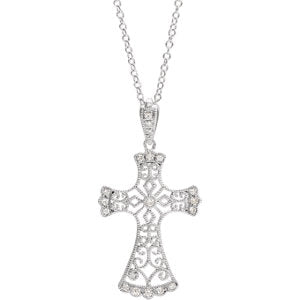 14K White 1/10 CTW Diamond Vintage-Inspired Cross Necklace - Siddiqui Jewelers