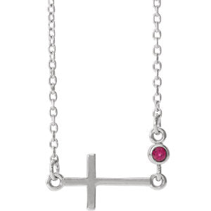 14K White Chatham® Created Ruby Sideways Accented Cross 16-18" Necklace - Siddiqui Jewelers