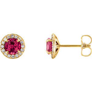 14K Yellow 4.5 mm Round Chatham® Created Ruby & 1/6 CTW Diamond Earrings - Siddiqui Jewelers