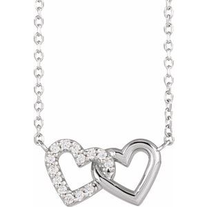 Sterling Silver .05 CTW Natural Diamond Petite Double Interlocking Heart 16-18" Necklace Siddiqui Jewelers