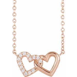 14K Rose .05 CTW Natural Diamond Petite Double Interlocking Heart 16-18" Necklace Siddiqui Jewelers