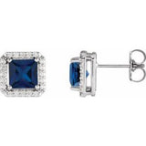 14K White 5x5 mm Lab-Grown Blue Sapphire 1/6 CTW Natural Diamond Halo-Style Earrings Siddiqui Jewelers