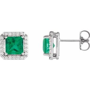 Sterling Silver 5x5 mm Lab-Grown Emerald 1/6 CTW Natural Diamond Halo-Style Earrings Siddiqui Jewelers