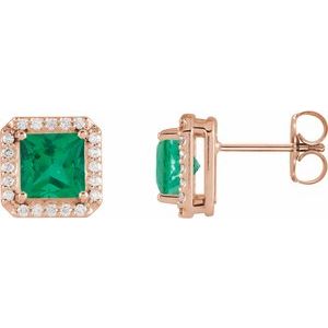 14K Rose Lab-Grown Emerald & .08 CTW Natural Diamond Halo-Style Earrings Siddiqui Jewelers