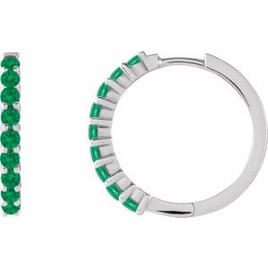 14K White Natural Emerald 20 mm Huggie Hoop Earrings Siddiqui Jewelers
