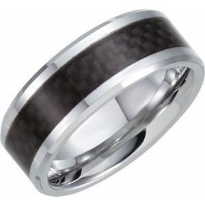 White Tungsten 8 mm Beveled-Edge Band with Black Carbon Fiber Center Size 10-Siddiqui Jewelers