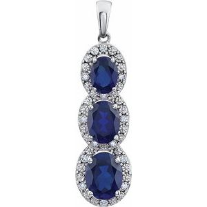 14K White Created Blue Sapphire & .04 CTW Diamond Three-Stone Pendant - Siddiqui Jewelers