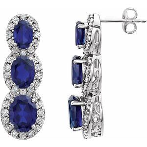 14K White Created Blue Sapphire & .07 CTW Diamond 3-Stone Earrings - Siddiqui Jewelers