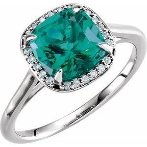 14K White Chatham® Created Emerald & .055 CTW Diamond Halo-Style Ring - Siddiqui Jewelers