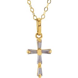 14K Yellow 3x1.5 mm Tapered Baguette Cubic Zirconia Youth Cross 15" Necklace - Siddiqui Jewelers