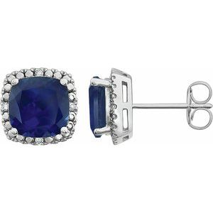 14K White Created Blue Sapphire & .06 CTW Diamond Earrings - Siddiqui Jewelers