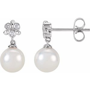 14K White .08 CTW Diamond and Freshwater Cultured Pearl Earrings - Siddiqui Jewelers