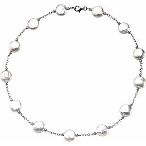 Sterling Silver 12-13 mm Freshwater Cultured White Coin Pearl Station 18" Necklace-Siddiqui Jewelers