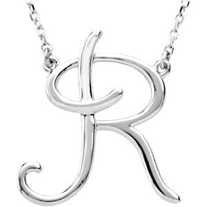 Sterling Silver Script Initial R 16" Necklace-Siddiqui Jewelers