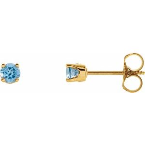 14K Yellow 3 mm Round Swiss Blue Topaz Youth Birthstone Earrings - Siddiqui Jewelers