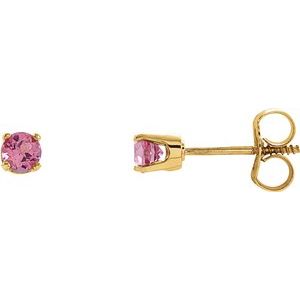 14K Yellow 3 mm Round Imitation Pink Tourmaline Youth Birthstone Earrings - Siddiqui Jewelers