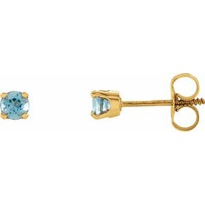 14K Yellow 3 mm Round Imitation Blue Zircon Youth Birthstone Earrings - Siddiqui Jewelers