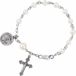 Sterling Silver Freshwater Cultured Pearl Our Guardian Angel Rosary 6" Bracelet - Siddiqui Jewelers