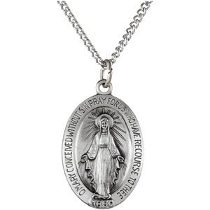 Sterling Silver 28.5x17.75 mm Oval Miraculous Medal 24" Necklace-Siddiqui Jewelers