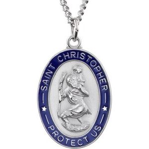 Sterling Silver & Blue Epoxy 26x20 mm St. Christopher Medal 24" Necklace-Siddiqui Jewelers