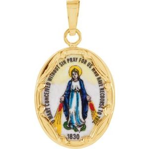 14K Yellow 17x13.5 mm Oval Hand Painted Porcelain Miraculous Medal - Siddiqui Jewelers