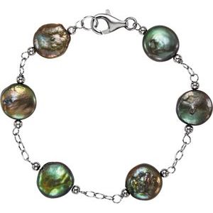 Sterling Silver Freshwater Cultured Black Coin Pearl 7.5" Bracelet-Siddiqui Jewelers