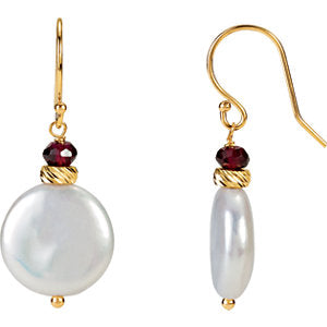 14K Yellow Freshwater Cultured Coin Pearl & Rhodolite Garnet Earrings - Siddiqui Jewelers