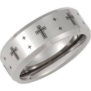 Tungsten 8.3 mm Beveled Band with Black Laser Crosses Size 7.5 - Siddiqui Jewelers