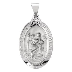 14K White 23.5x16 mm Oval Hollow St. Christopher Medal - Siddiqui Jewelers