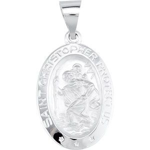 14K White 19x13.5 mm Oval Hollow St. Christopher Medal - Siddiqui Jewelers