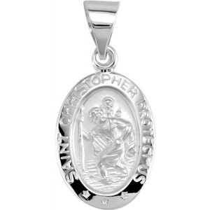 14K White 15x11 mm Oval Hollow St. Christopher Medal - Siddiqui Jewelers